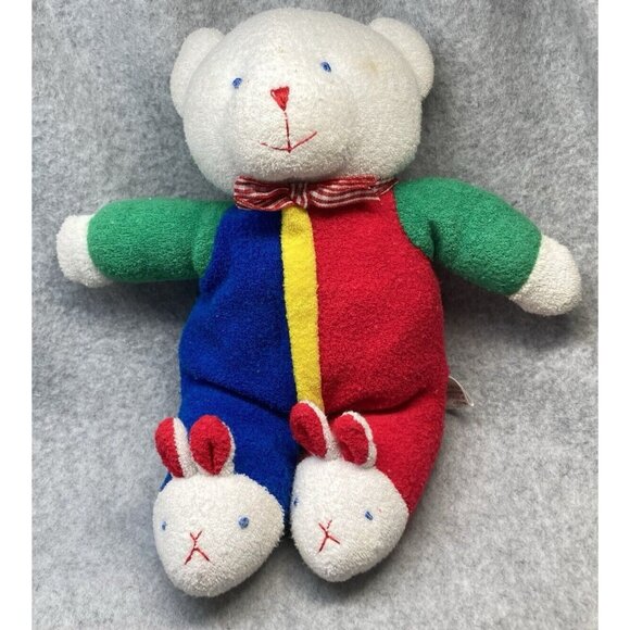 Vintage Soft Dreams Terry Cloth Rattle Teddy Bear Primary Colors Bunny Slippers